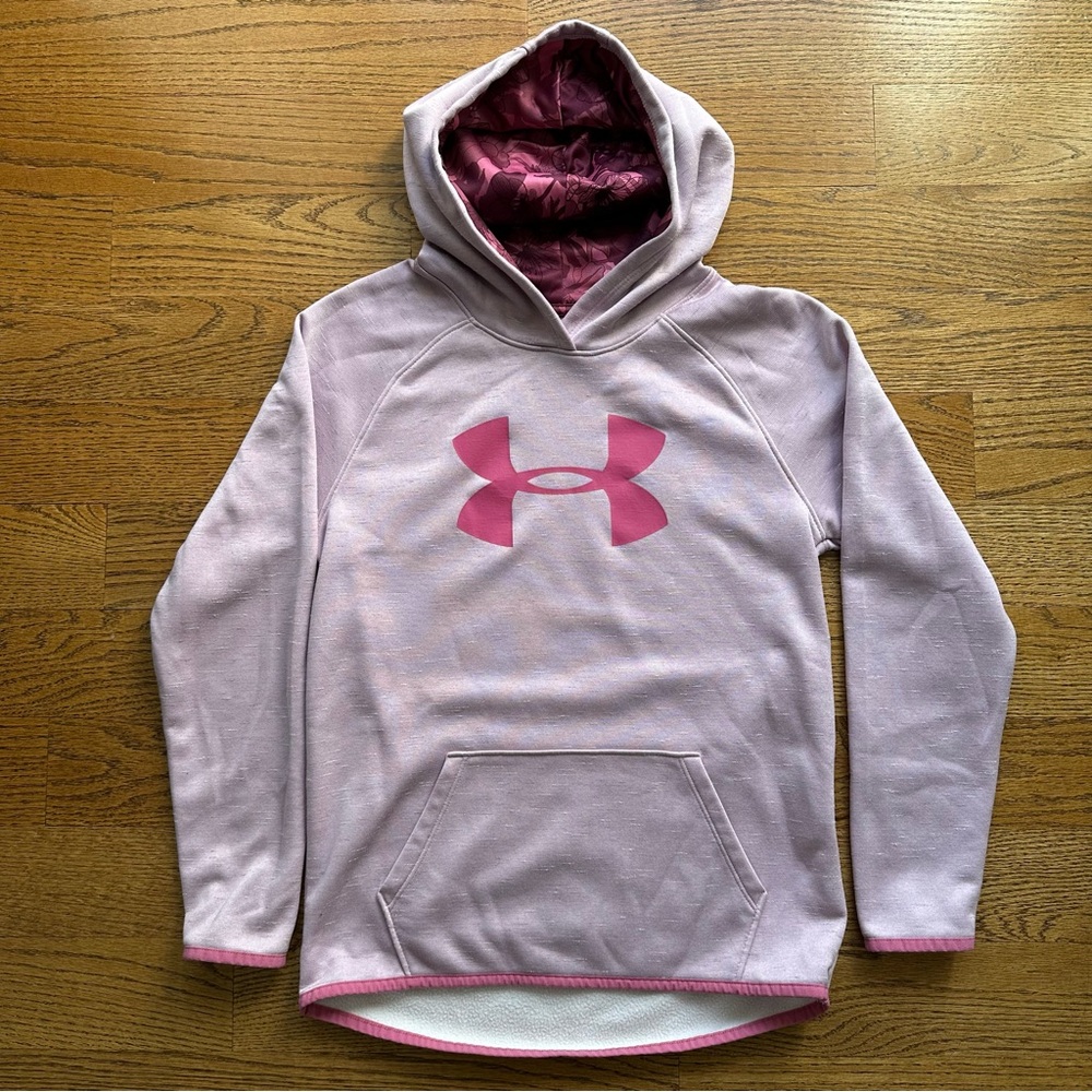 Under Armour Kids Hoodie Sweatshirt L Pink with dark pink logo and hem piping